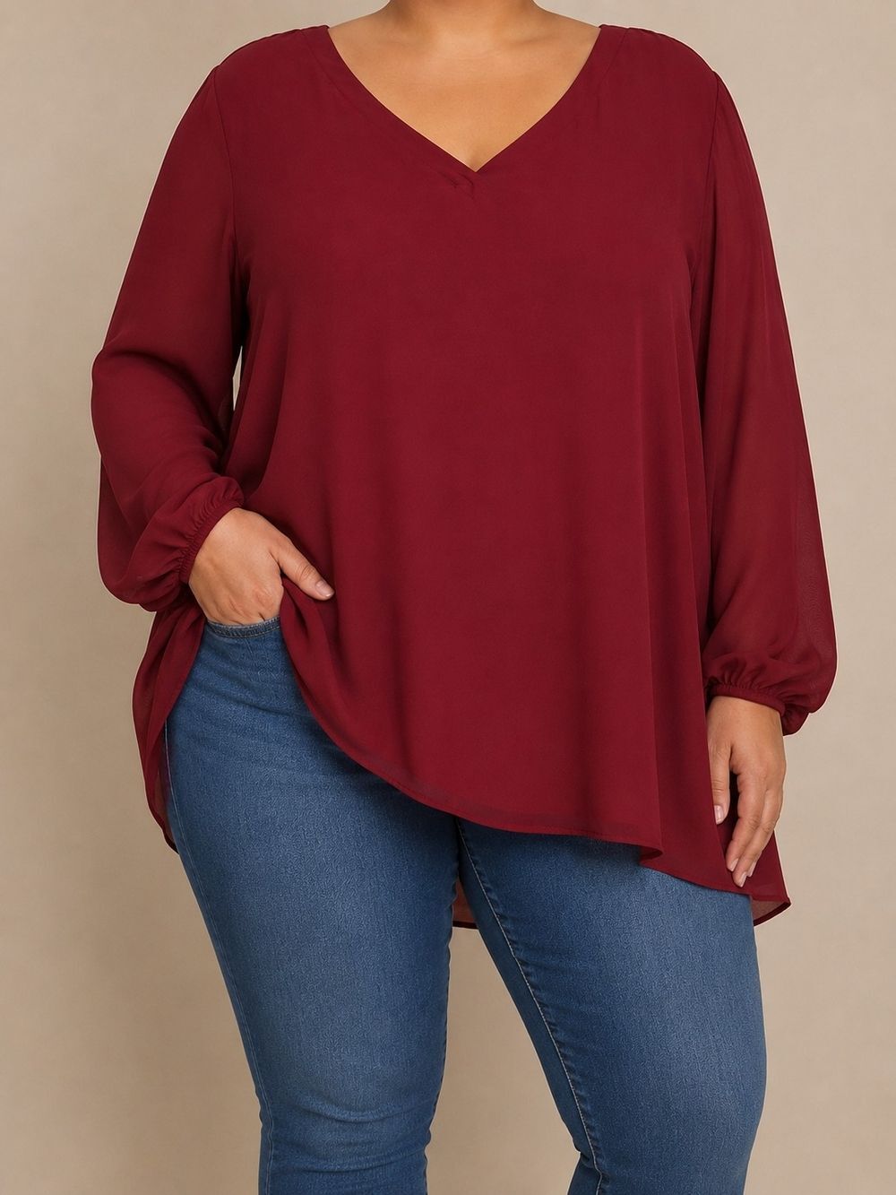 Torrid Harper Red Burgundy Sheer V-Neck Long Sleeve Babydoll Tunic Top Plus Sz 4